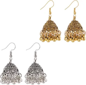 2 Pairs Indian Earrings for Women, Vintage Jhumkas Indian Earrings Gold Silver Indian Jhumka Earrings for Women Aluminium Alloy Gold Indian Bollywood Earrings Bell Earrings for Women