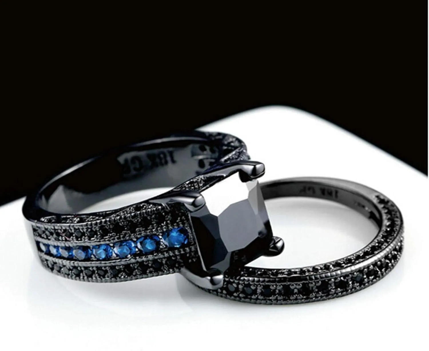 2 Rings His and Hers Couple Rings Blue Black Cubic Zirconia Square Shape Ring