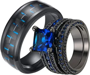 2 Rings His and Hers Couple Rings Blue Black Cubic Zirconia Square Shape Ring