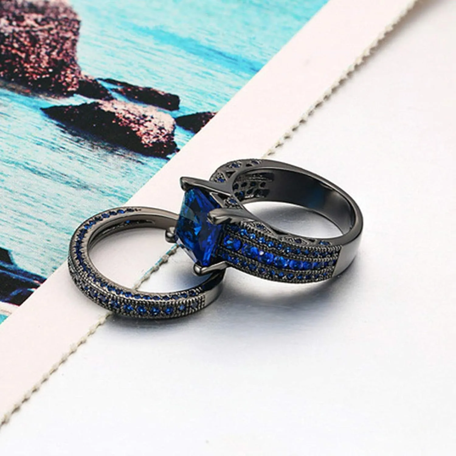 2 Rings His and Hers Couple Rings Blue Black Cubic Zirconia Square Shape Ring