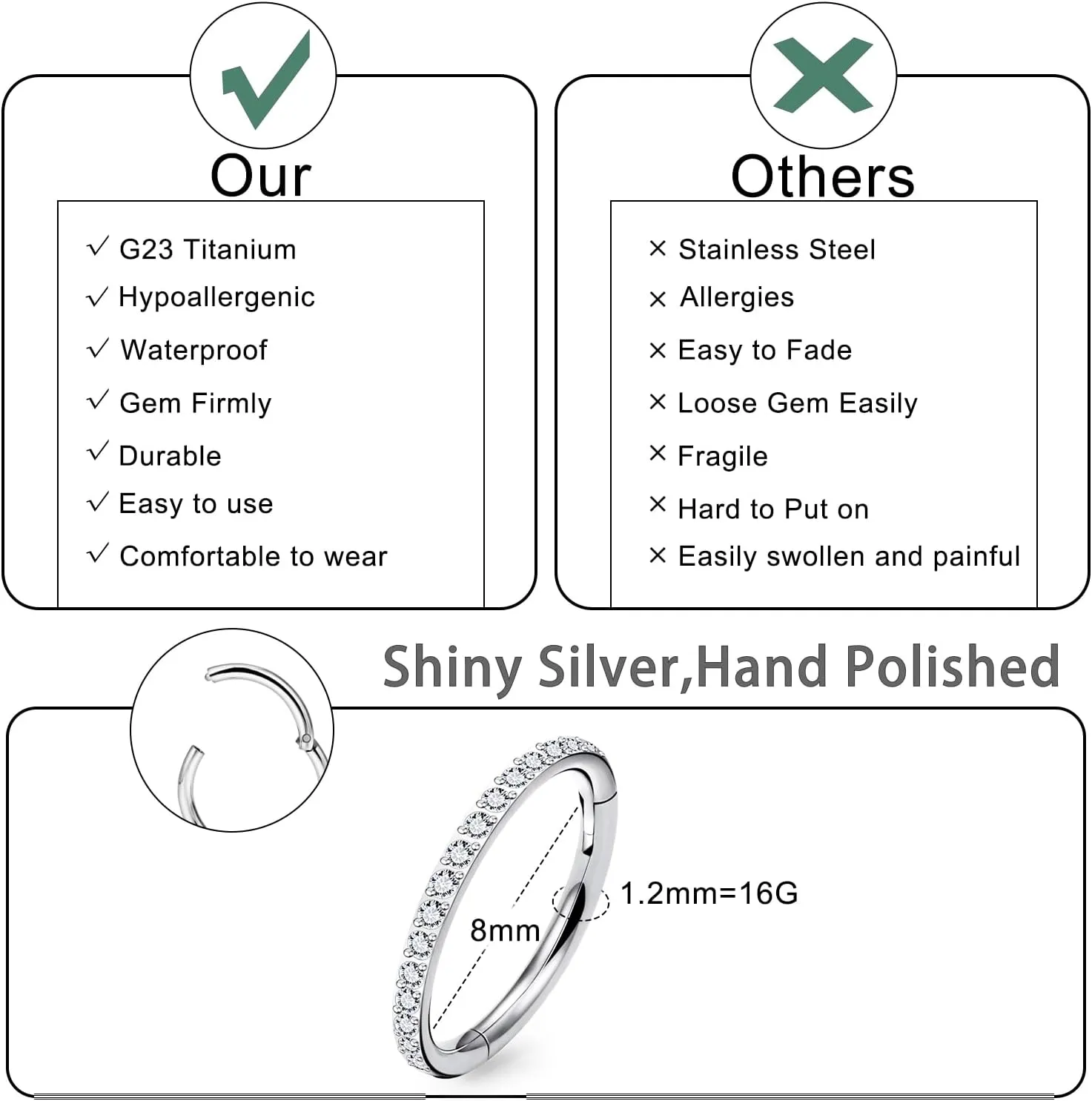 20G 18G 16G Titanium Nose Rings Hoops G23 Hinged Septum Nose Rings Clicker Helix Daith Rook Cartilage Tragus Earrings Segment Ring Lip Ring Piercing Jewelry for Women Men 8mm 10mm