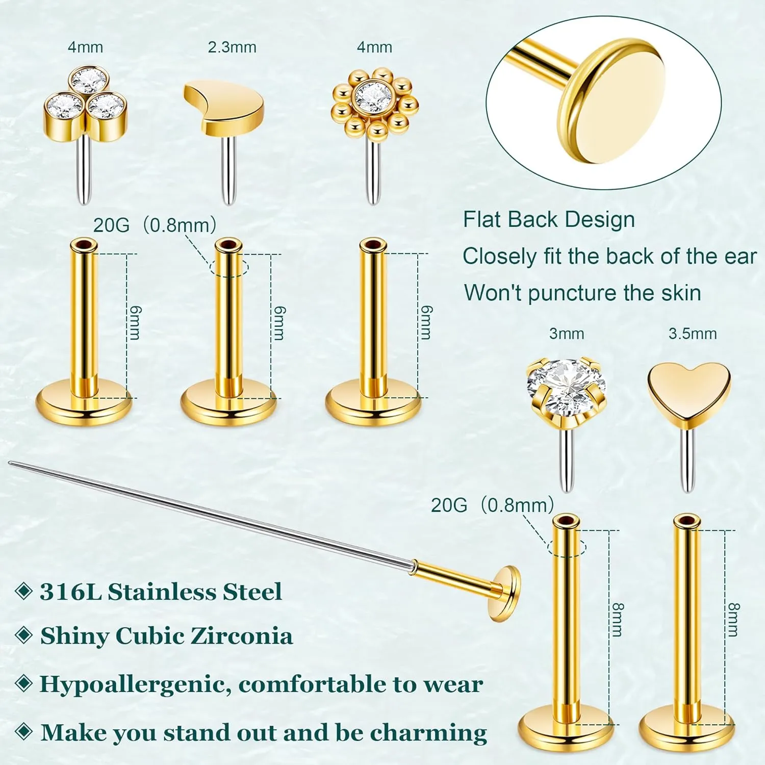 20G 5Pairs 316L Stainless Steel Threadless Stud Earring for Women Hypoallergenic Star Moon Push in Nose Studs Threadless Flat Back Earring Cartilage Helix Tragus Conch Labret Stud Piercing