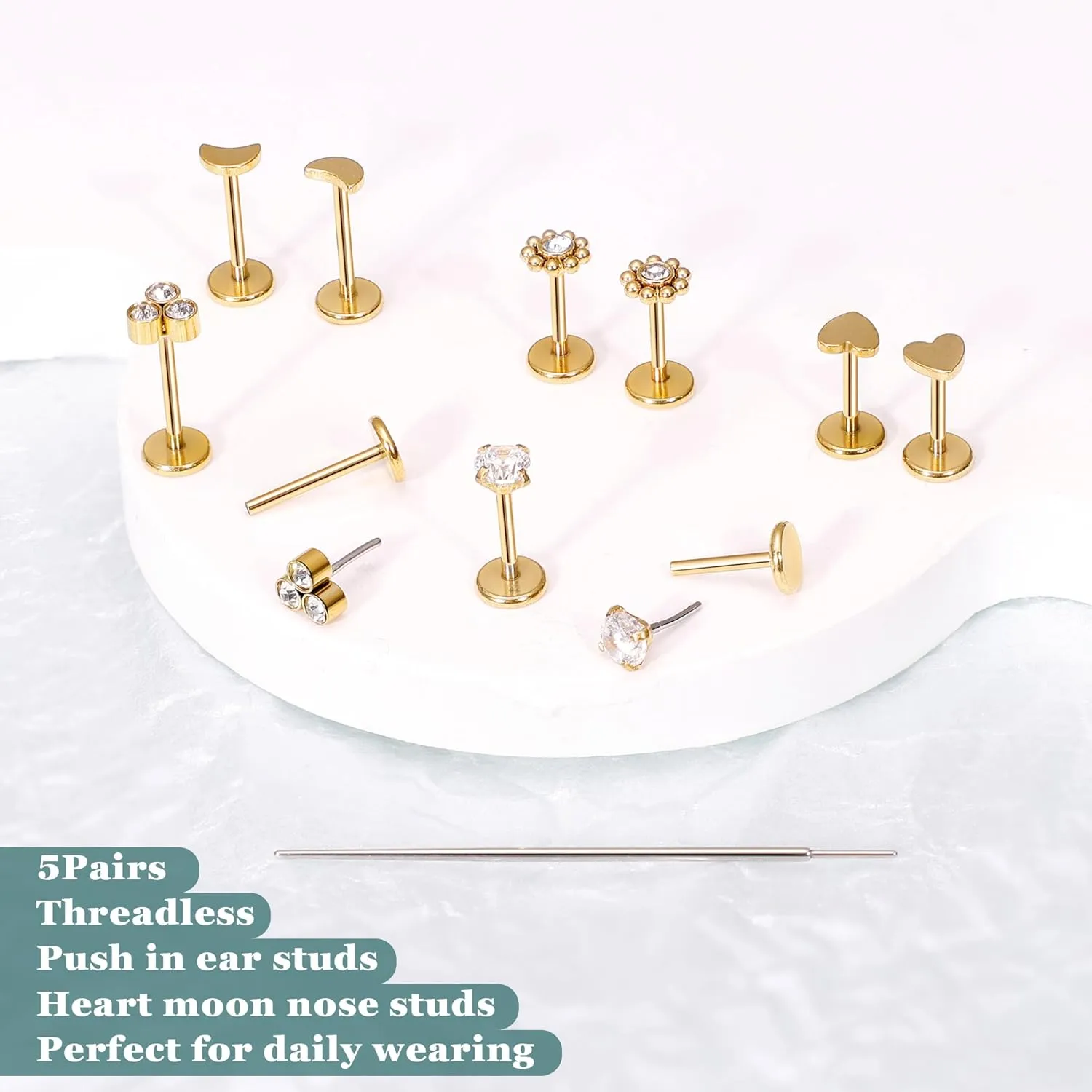 20G 5Pairs 316L Stainless Steel Threadless Stud Earring for Women Hypoallergenic Star Moon Push in Nose Studs Threadless Flat Back Earring Cartilage Helix Tragus Conch Labret Stud Piercing