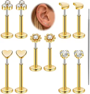 20G 5Pairs 316L Stainless Steel Threadless Stud Earring for Women Hypoallergenic Star Moon Push in Nose Studs Threadless Flat Back Earring Cartilage Helix Tragus Conch Labret Stud Piercing