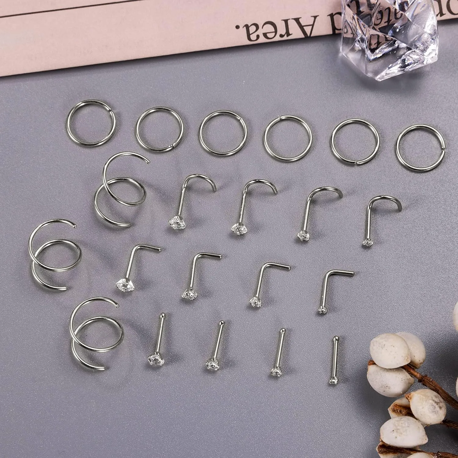 21PCS 18G 20G 22G 316L Stainless Steel Nose Rings Hoop for Women Men Double Nose Ring CZ Nose Stud Piercing Jewelry