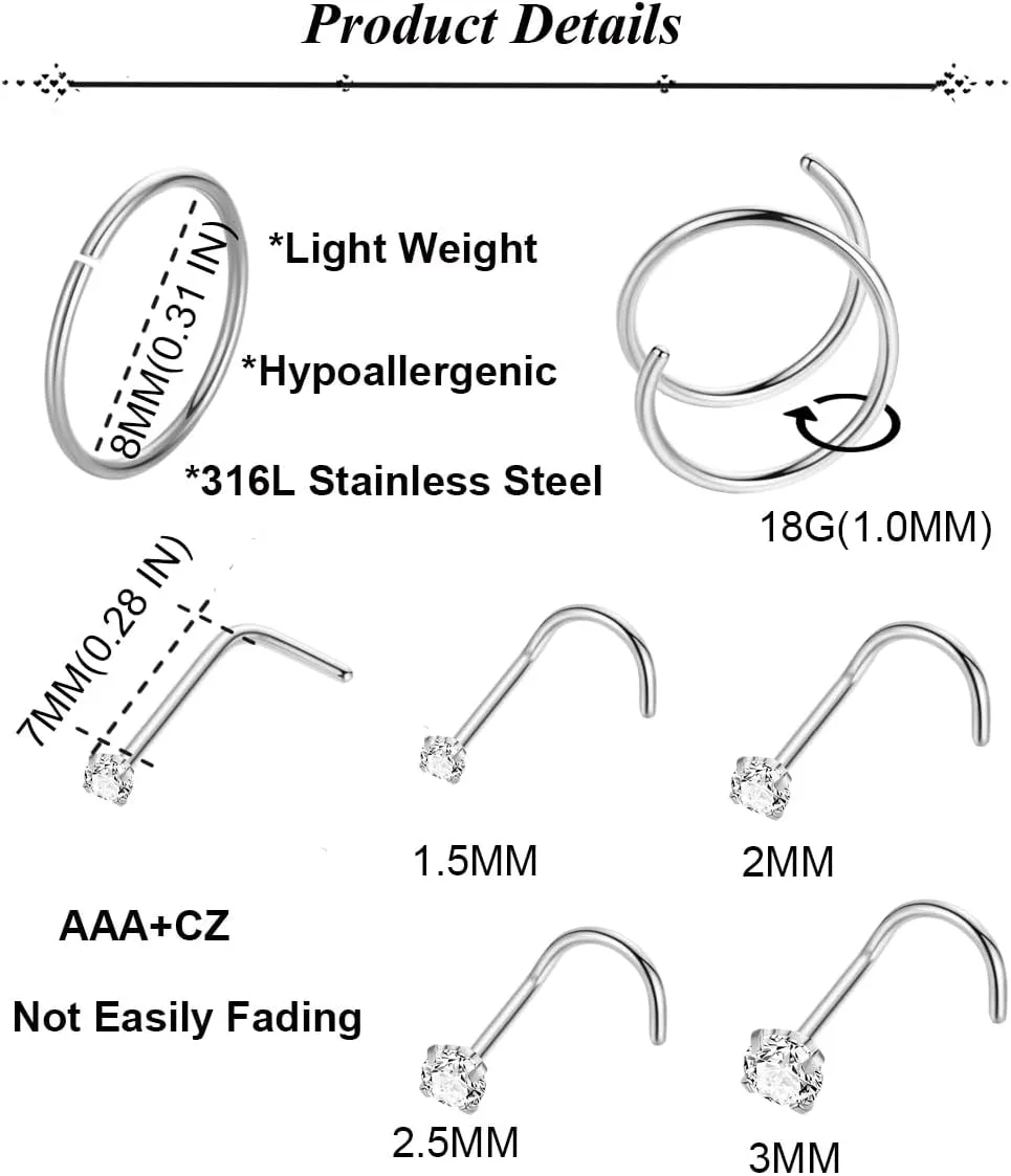 21PCS 18G 20G 22G 316L Stainless Steel Nose Rings Hoop for Women Men Double Nose Ring CZ Nose Stud Piercing Jewelry