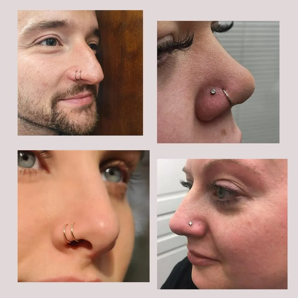 21PCS 18G 20G 22G 316L Stainless Steel Nose Rings Hoop for Women Men Double Nose Ring CZ Nose Stud Piercing Jewelry