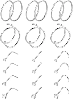 21PCS 18G 20G 22G 316L Stainless Steel Nose Rings Hoop for Women Men Double Nose Ring CZ Nose Stud Piercing Jewelry