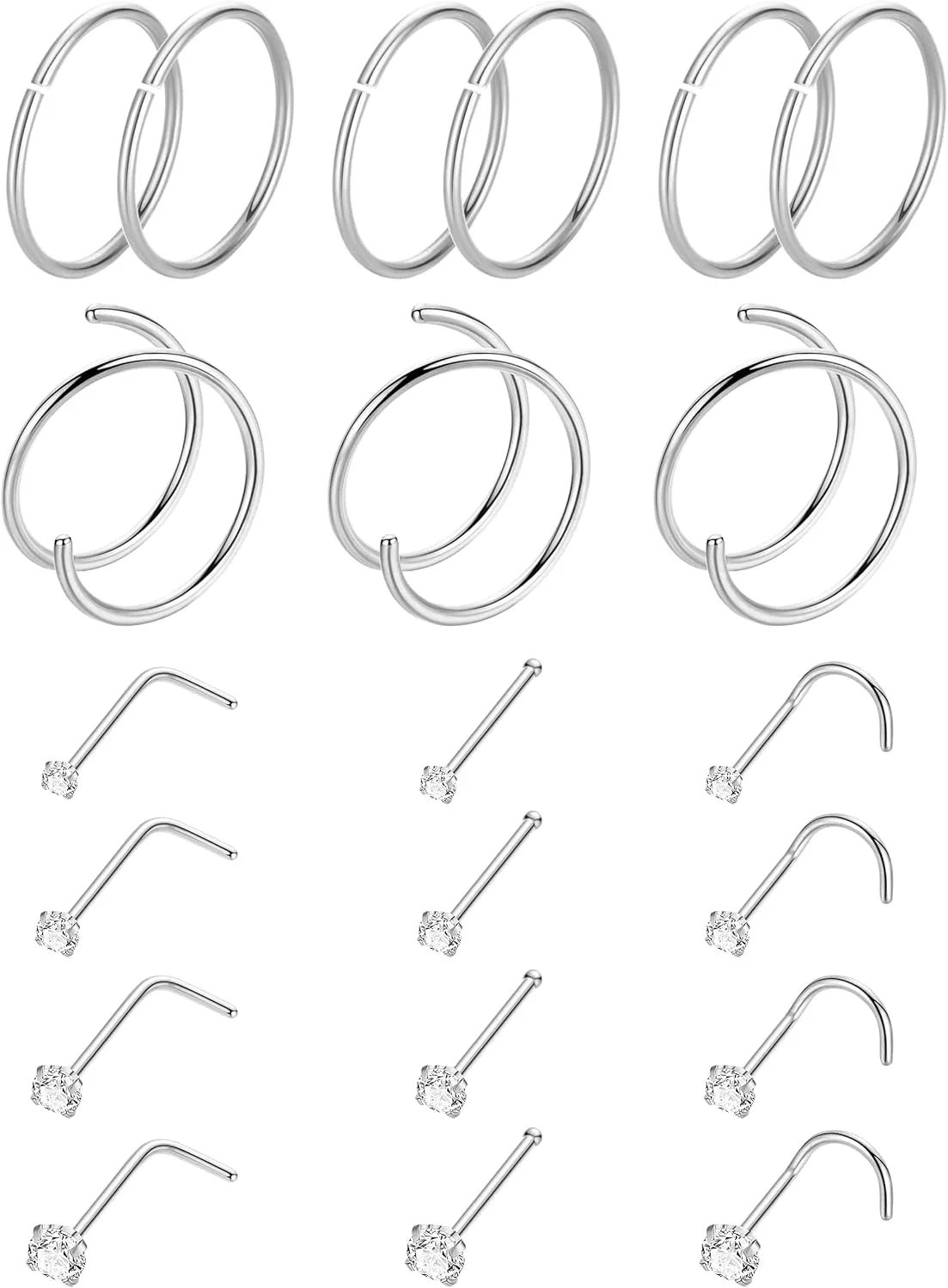 21PCS 18G 20G 22G 316L Stainless Steel Nose Rings Hoop for Women Men Double Nose Ring CZ Nose Stud Piercing Jewelry