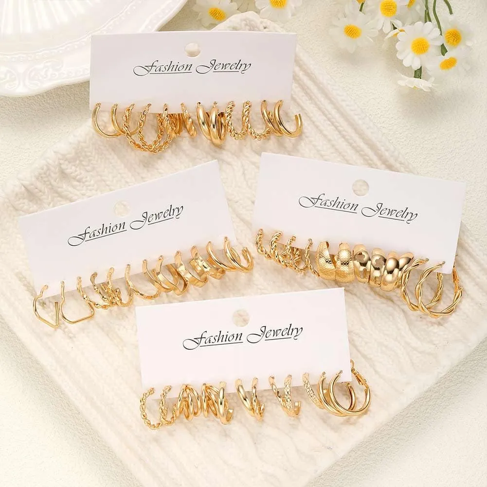 24 Pairs Gold Hoop Earrings Set For Women Multipack, Hypoallergenic Chunky Chain Twisted Hoop Earrings Pack, Fashion Dangle Earrings Jewelry For Gift