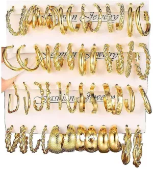 24 Pairs Gold Hoop Earrings Set For Women Multipack, Hypoallergenic Chunky Chain Twisted Hoop Earrings Pack, Fashion Dangle Earrings Jewelry For Gift
