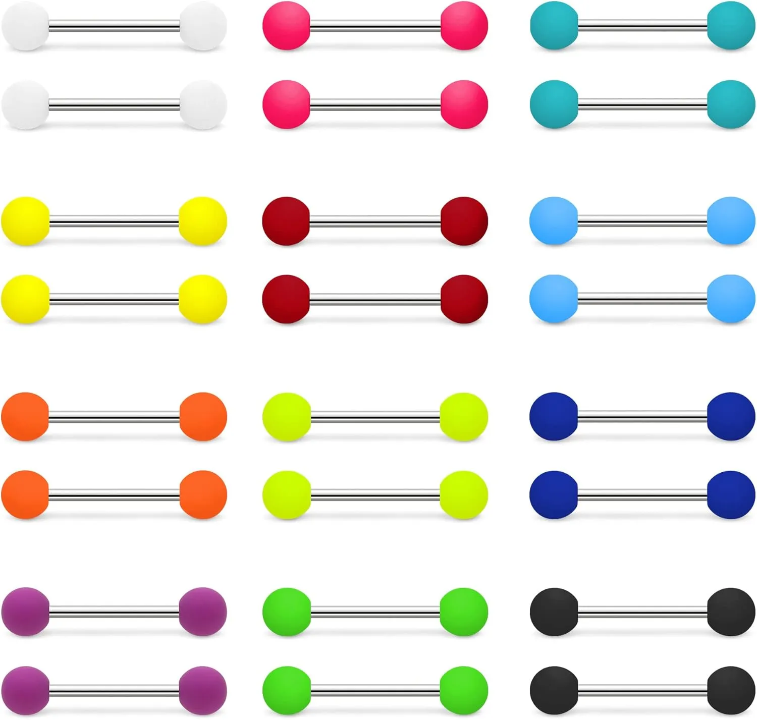 24PCS Acrylic Tongue Rings Plastic Rubber Nipple Rings Neon Colorful Pink White Green Yellow Black Orange Teal Matte Balls Sexy Barbell Piercing Jewelry For Women Men 14G