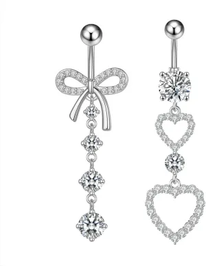 2Pcs 14G Stainless Steel Belly Button Rings for Women Cubic Zirconia Heart Bowknot Dangle Belly Navel Rings Belly Curved Barbells Body Piercing Jewelry