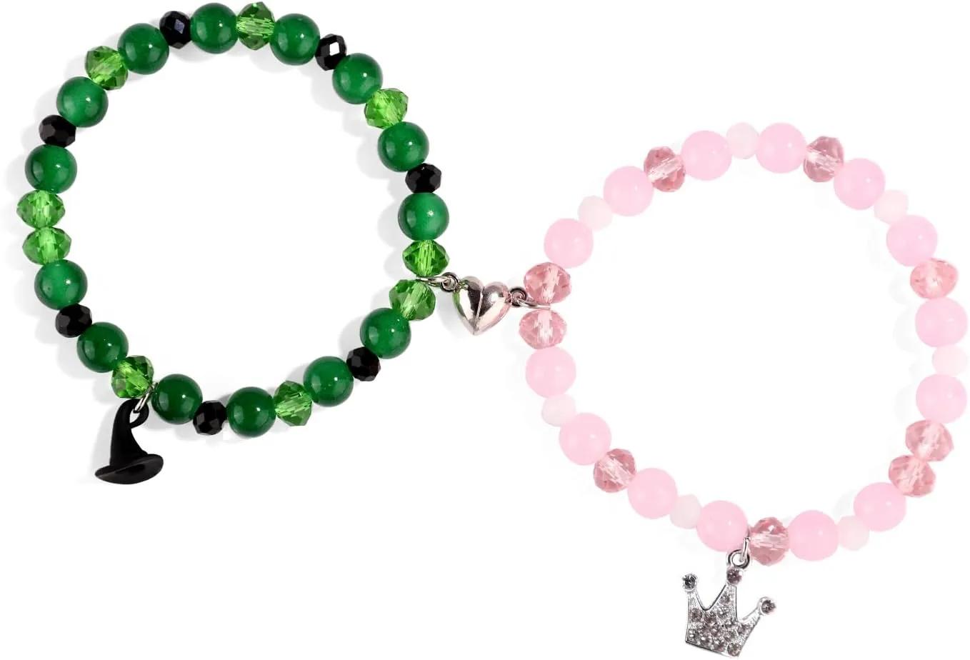 2pcs Friendship Matching Bracelets, Witch Hat & Crown Matching Bracelet with Magnet Couples Jewelry Gifts for Movie Fans Friends Party Dress Accessories (Green, Pink)