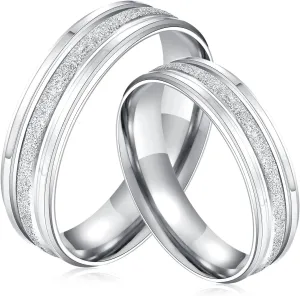 2pcs His and Hers Matching Couple Rings Set Frosted Surface Stainless Steel Silver Wedding Band