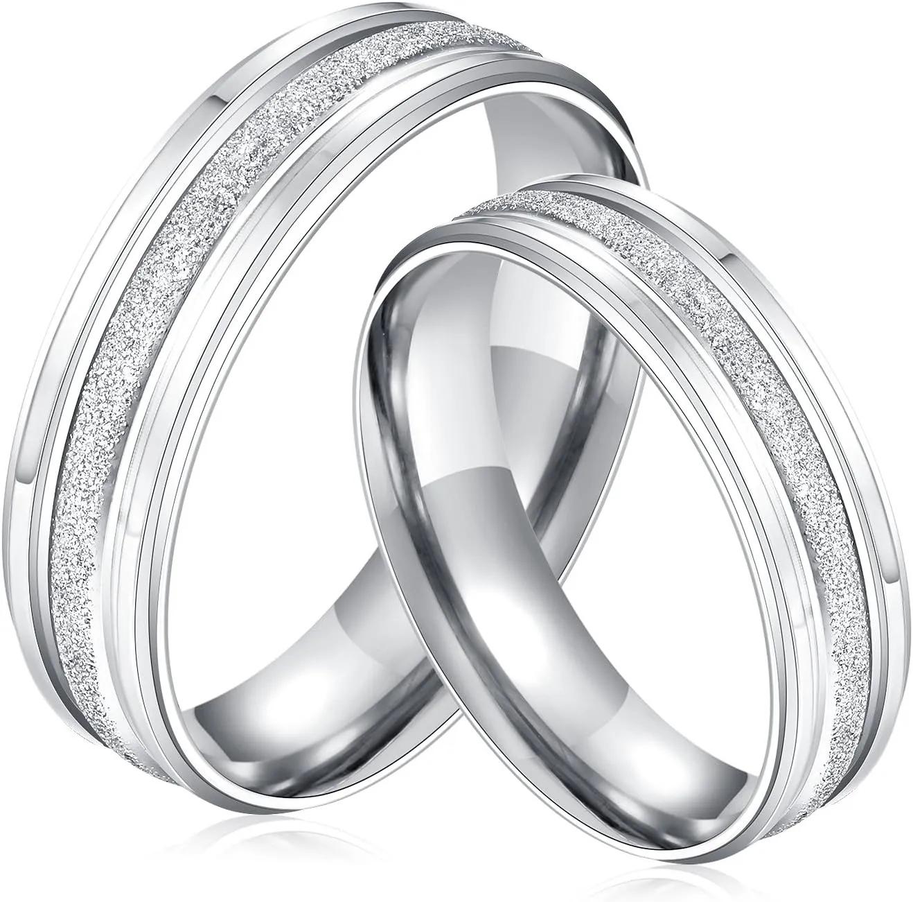 2pcs His and Hers Matching Couple Rings Set Frosted Surface Stainless Steel Silver Wedding Band