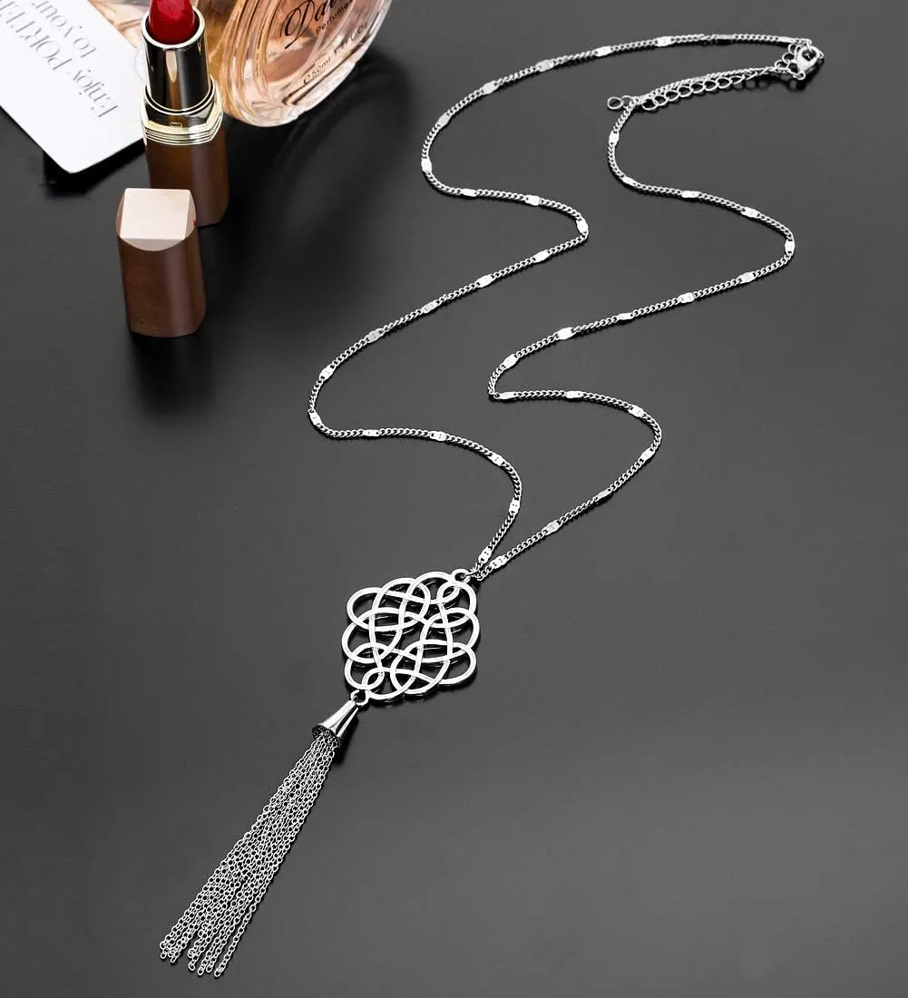 2Pcs Long Chain Pendant Necklace Set, Filigree Quatrefoil and Celtic Knot Pendant Tassel Y Necklaces for Women