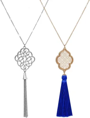 2Pcs Long Chain Pendant Necklace Set, Filigree Quatrefoil and Celtic Knot Pendant Tassel Y Necklaces for Women
