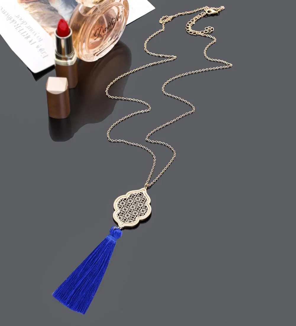 2Pcs Long Chain Pendant Necklace Set, Filigree Quatrefoil and Celtic Knot Pendant Tassel Y Necklaces for Women