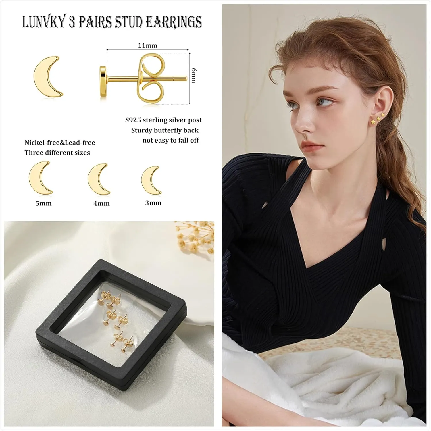3 Pairs 14K Gold Stud Earring Sets for Women Dainty 925 Sterling Silver Earrings for Multiple Piercing Tiny Cartilage Tragus Cute Trendy Post Earrings Stacks Jewelry Gifts