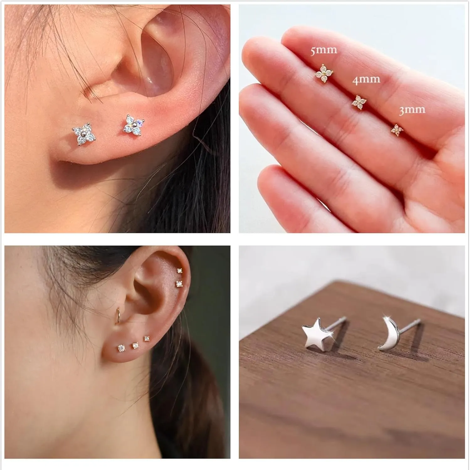 3 Pairs 14K Gold Stud Earring Sets for Women Dainty 925 Sterling Silver Earrings for Multiple Piercing Tiny Cartilage Tragus Cute Trendy Post Earrings Stacks Jewelry Gifts