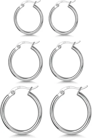 3 Pairs 925 Sterling Silver Hoop Earrings | Small White Gold Plated Hoop Earrings for Women (13mm,15mm,20mm25mm,30mm,40mm,50mm,60mm)