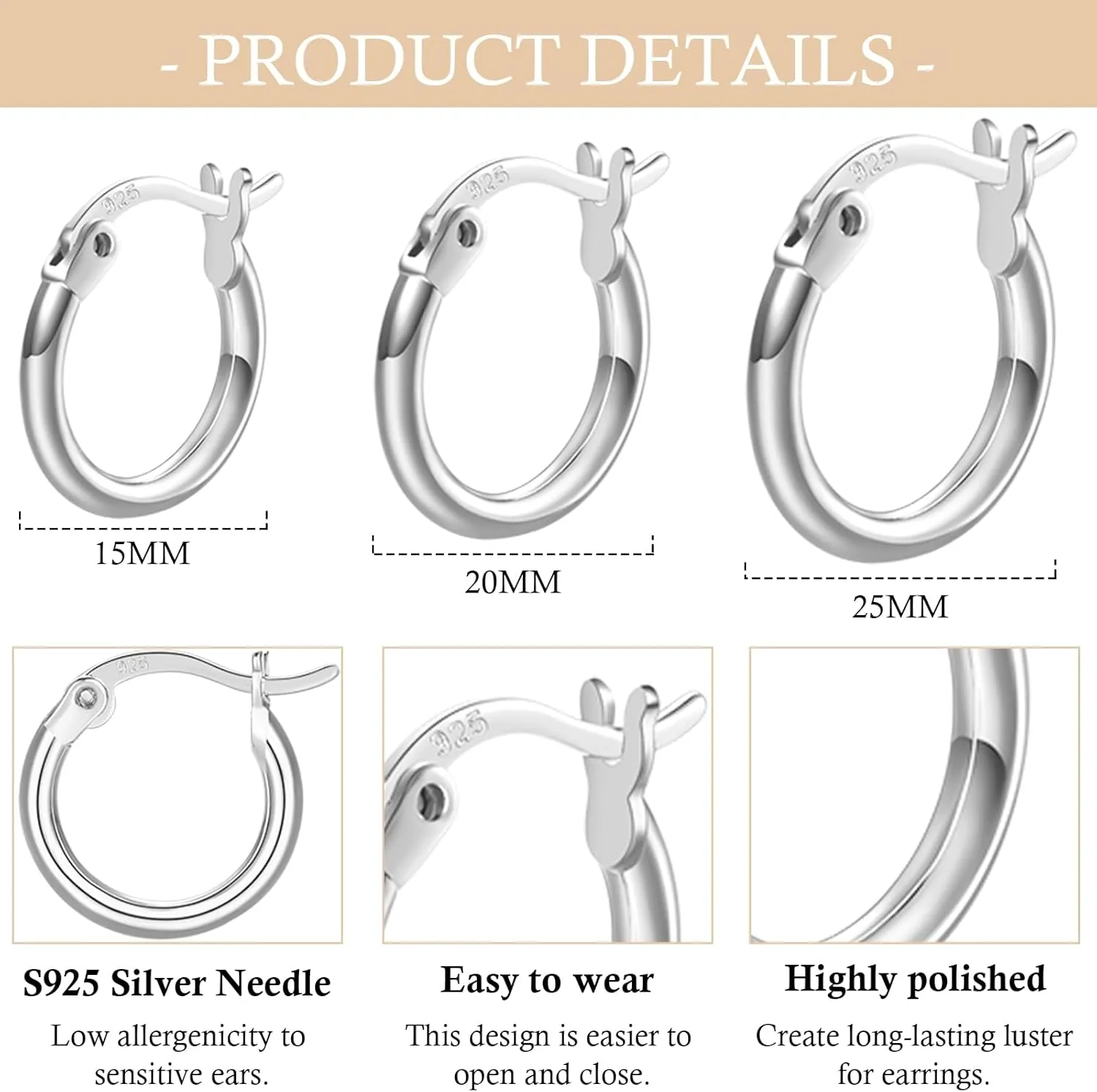 3 Pairs 925 Sterling Silver Hoop Earrings | Small White Gold Plated Hoop Earrings for Women (13mm,15mm,20mm25mm,30mm,40mm,50mm,60mm)