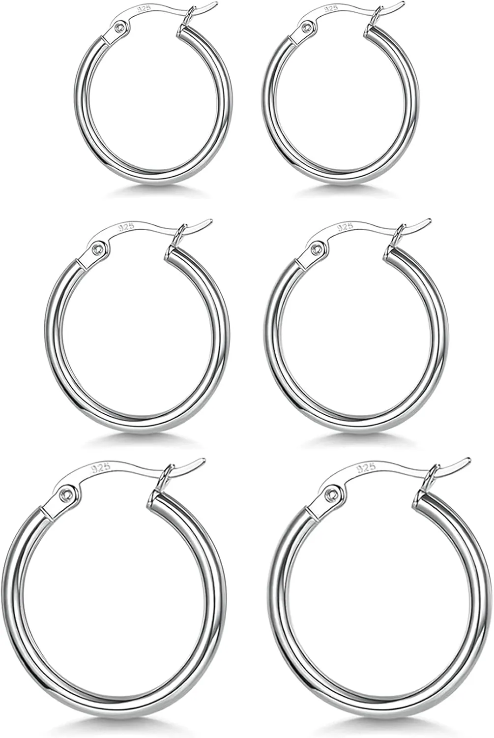 3 Pairs 925 Sterling Silver Hoop Earrings | Small White Gold Plated Hoop Earrings for Women (13mm,15mm,20mm25mm,30mm,40mm,50mm,60mm)