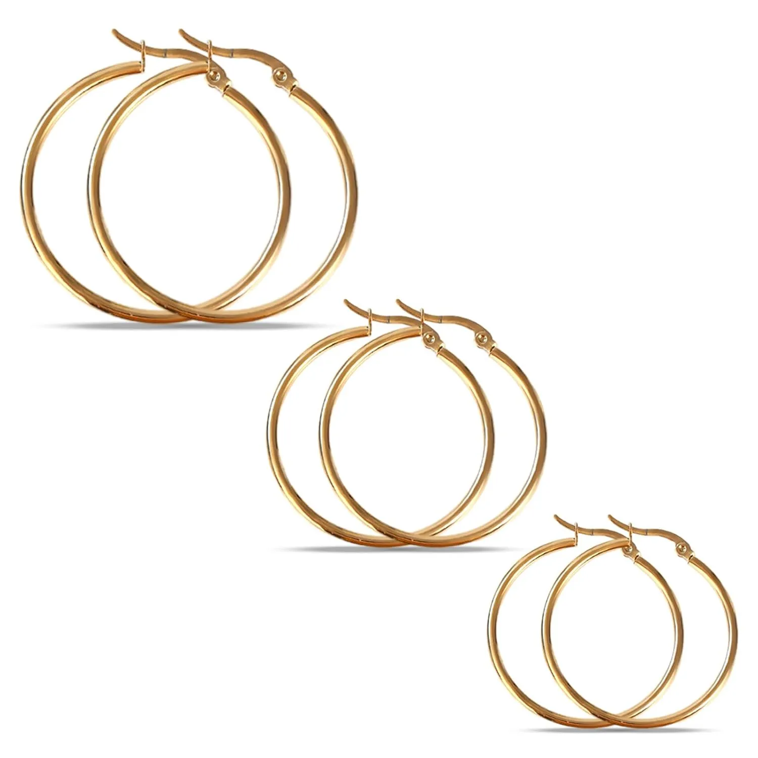 3 Pairs Gold Hoop Earrings for Women Girls | Big Gold Hoop Earrings for Women Hypoallergenic Thin Loop Gold Plated Hoop Earrings Set Fashion Jewelry (20/30/35mm)-Gold)