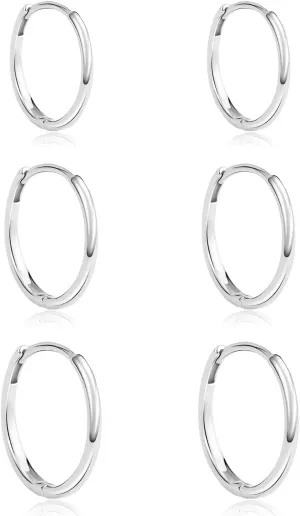 3 Pairs Silver Hoop Earrings for Women Hypoallergenic Small Cartilage Hoop Earrings Set 14K White Gold Plated Lightweight Huggie Earrings for Jewelry Gift,(Silver 8mm,10mm,12mm)