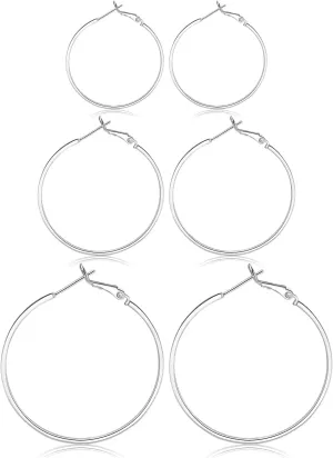 3 Pairs Sterling Silver Hoop Earrings - White Gold Plated Hoop Earrings Large Hoop clip-on Earrings Set Hypoallergenic Fashion Jewelry Gifts for Women 20/30/40mm2 colors