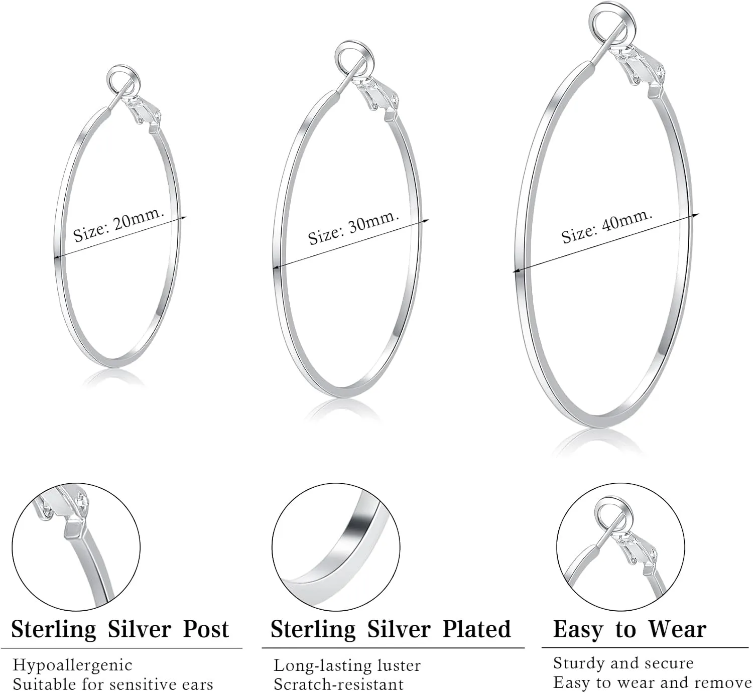 3 Pairs Sterling Silver Hoop Earrings - White Gold Plated Hoop Earrings Large Hoop clip-on Earrings Set Hypoallergenic Fashion Jewelry Gifts for Women 20/30/40mm2 colors