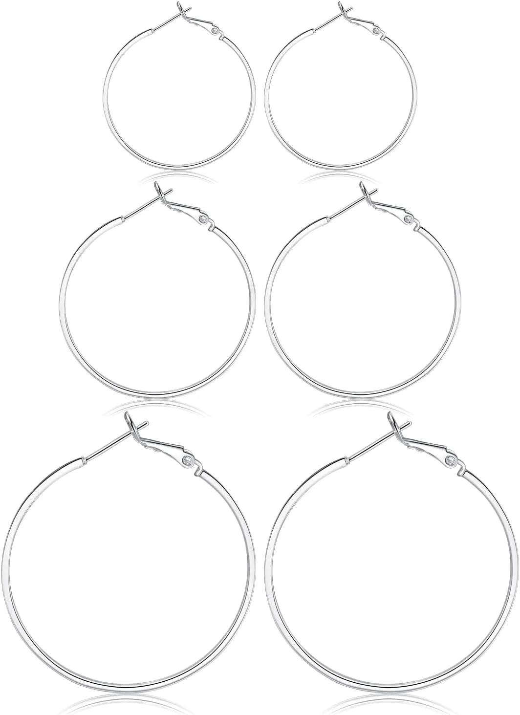 3 Pairs Sterling Silver Hoop Earrings - White Gold Plated Hoop Earrings Large Hoop clip-on Earrings Set Hypoallergenic Fashion Jewelry Gifts for Women 20/30/40mm2 colors