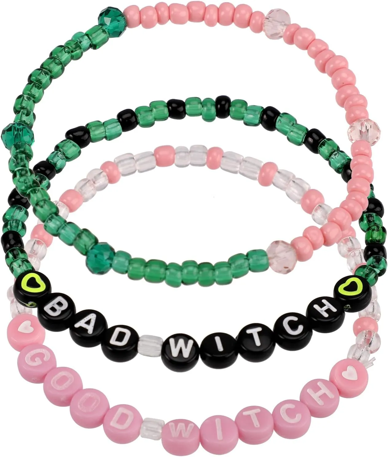 3 Pcs Friendship Matching Bracelets, Pink & Green Beaded Bracelets Friendship Bracelet for Women Cute Good Bad Witch Jewelry Gifts Merch Stuff for Friends Best Party Dress Accessories