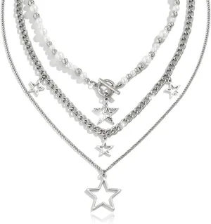 3 Pieces Silver Star Necklace Choker Y2K Hipster Style Star Pendant Jewelry Set Faux Pearls Metal Chain Necklaces