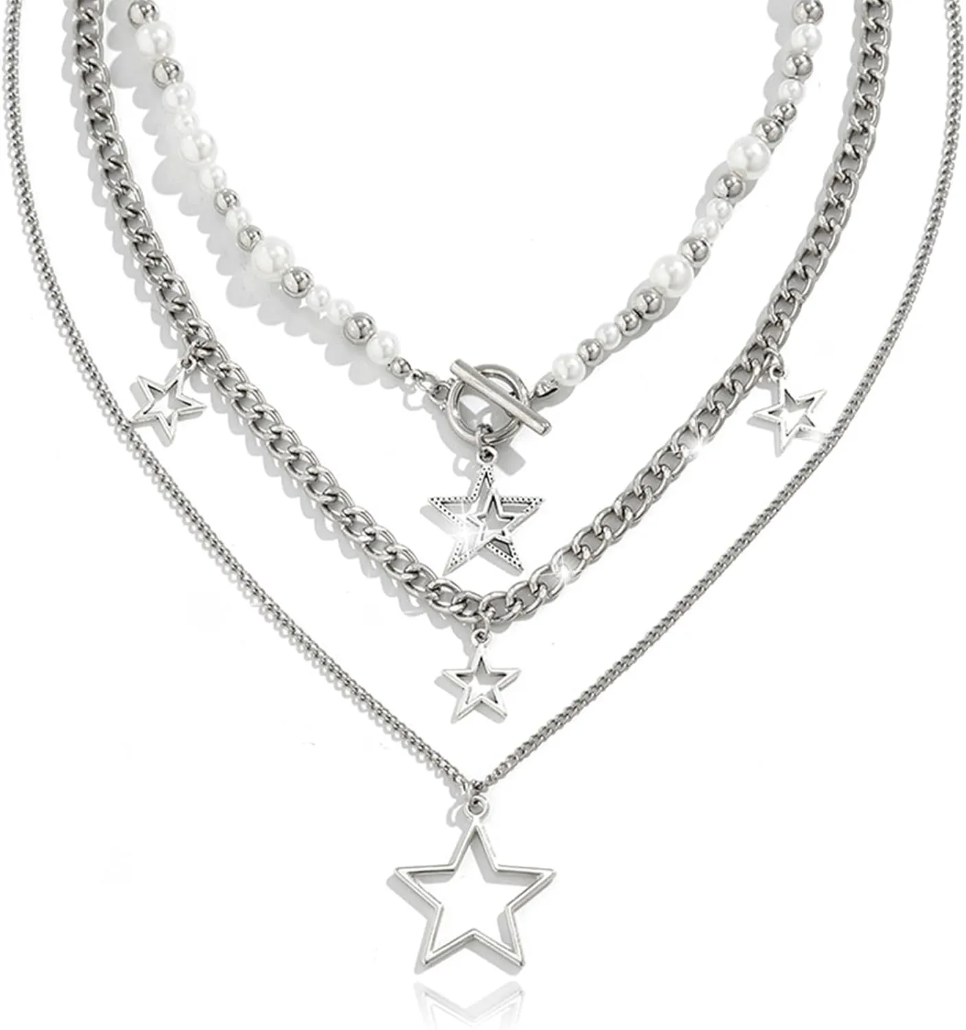 3 Pieces Silver Star Necklace Choker Y2K Hipster Style Star Pendant Jewelry Set Faux Pearls Metal Chain Necklaces