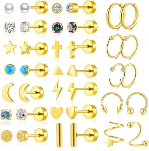 38Pcs Stainless Steel Earrings Set for Women Men 14K Gold Plated Small Flat Back Stud Earrings Hoop Earrings Women Men Hypoallergenic Cubic Zirconia Earrings Cartilage Earrings Rook Daith Tragues Lobe Conch Septum Piercing Jewelry