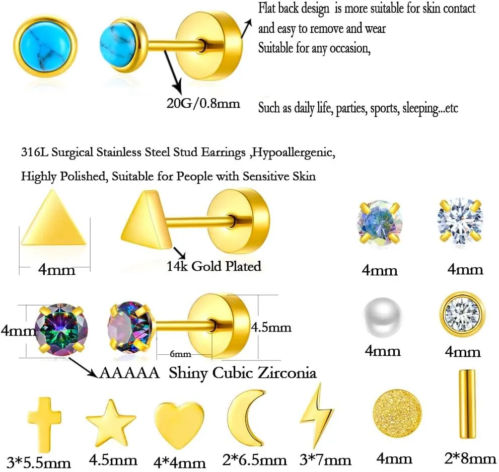 38Pcs Stainless Steel Earrings Set for Women Men 14K Gold Plated Small Flat Back Stud Earrings Hoop Earrings Women Men Hypoallergenic Cubic Zirconia Earrings Cartilage Earrings Rook Daith Tragues Lobe Conch Septum Piercing Jewelry