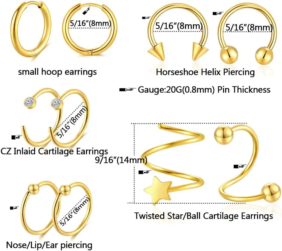 38Pcs Stainless Steel Earrings Set for Women Men 14K Gold Plated Small Flat Back Stud Earrings Hoop Earrings Women Men Hypoallergenic Cubic Zirconia Earrings Cartilage Earrings Rook Daith Tragues Lobe Conch Septum Piercing Jewelry