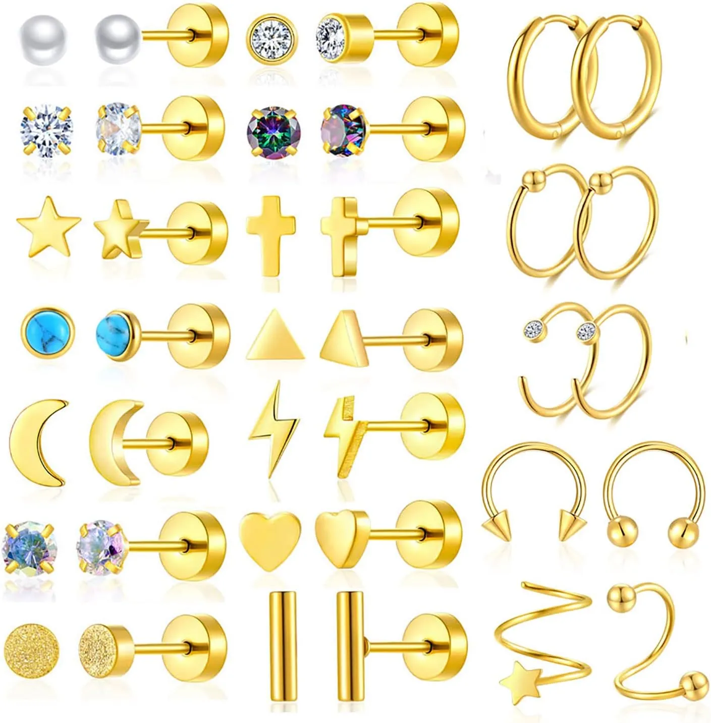 38Pcs Stainless Steel Earrings Set for Women Men 14K Gold Plated Small Flat Back Stud Earrings Hoop Earrings Women Men Hypoallergenic Cubic Zirconia Earrings Cartilage Earrings Rook Daith Tragues Lobe Conch Septum Piercing Jewelry