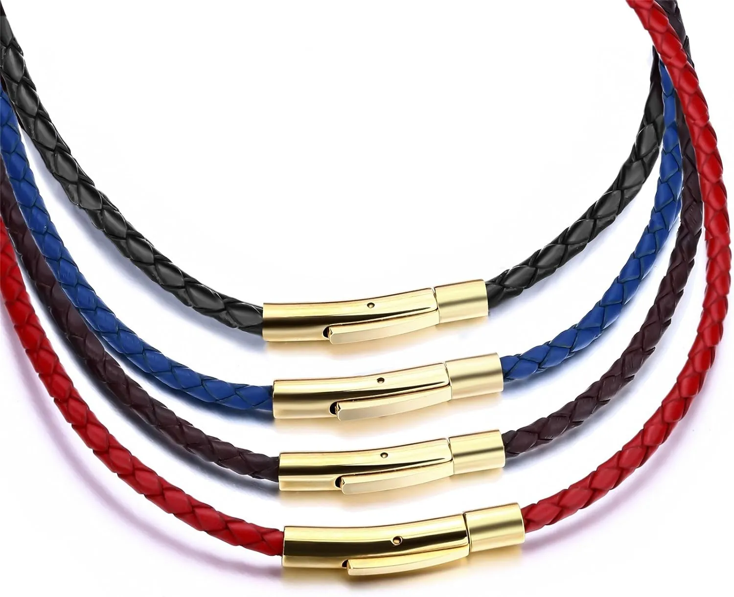 3mm Mens Womens Genuine Leather Necklace Cord Multicolor Braided Gold Stainless Steel Secure Clasp Necklaces Chain