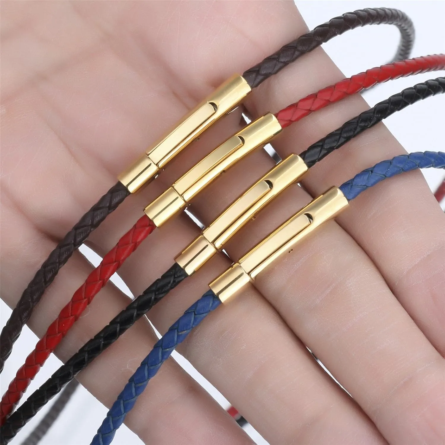 3mm Mens Womens Genuine Leather Necklace Cord Multicolor Braided Gold Stainless Steel Secure Clasp Necklaces Chain