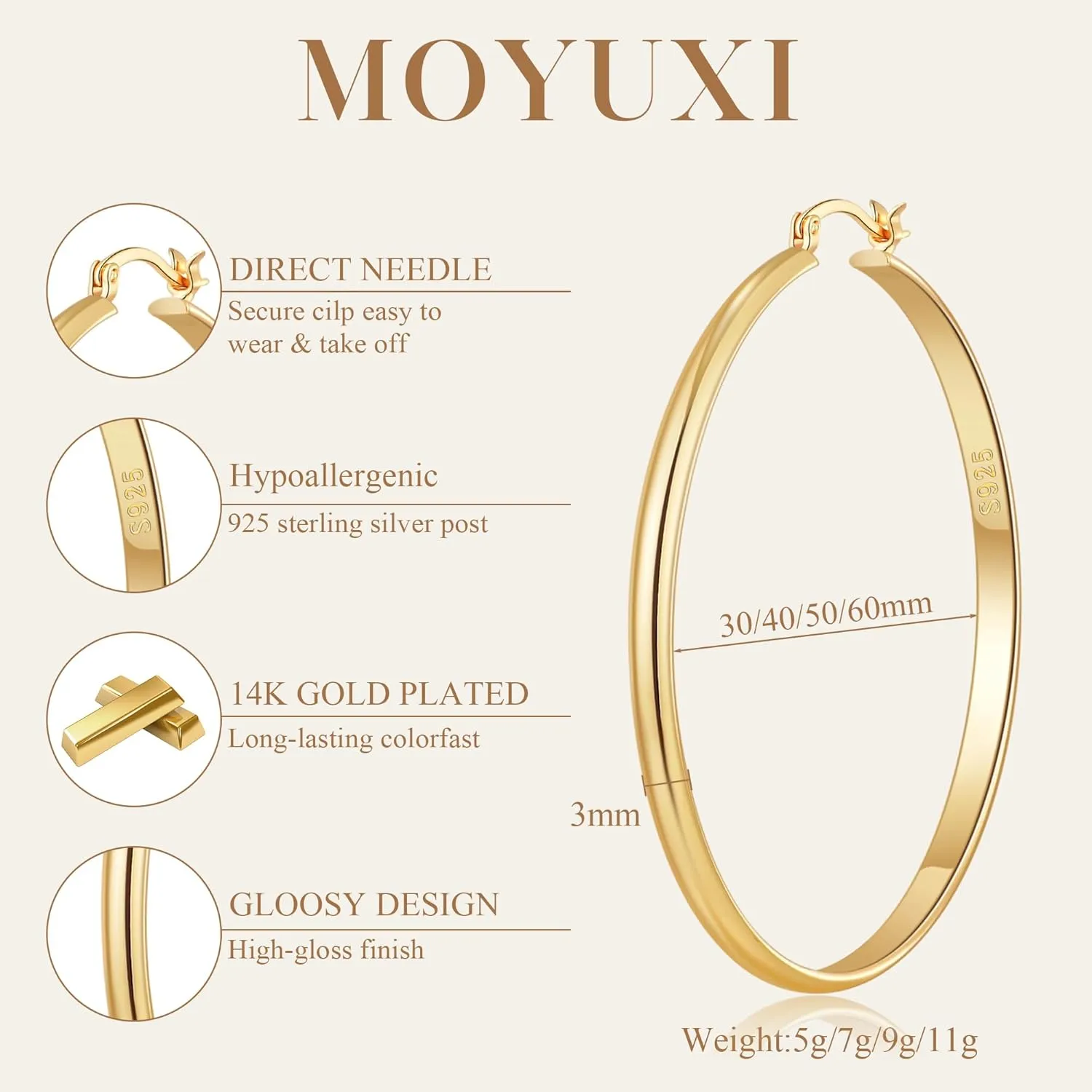 3mm Wide Large Hoop Earrings for Women Non Tarnish 14K Gold Hoops Waterproof Lightweight Hypoallergenic Sterling Silver Hoops Gift for Chrismas Birthday Mother's Day 30/40/50/60mm