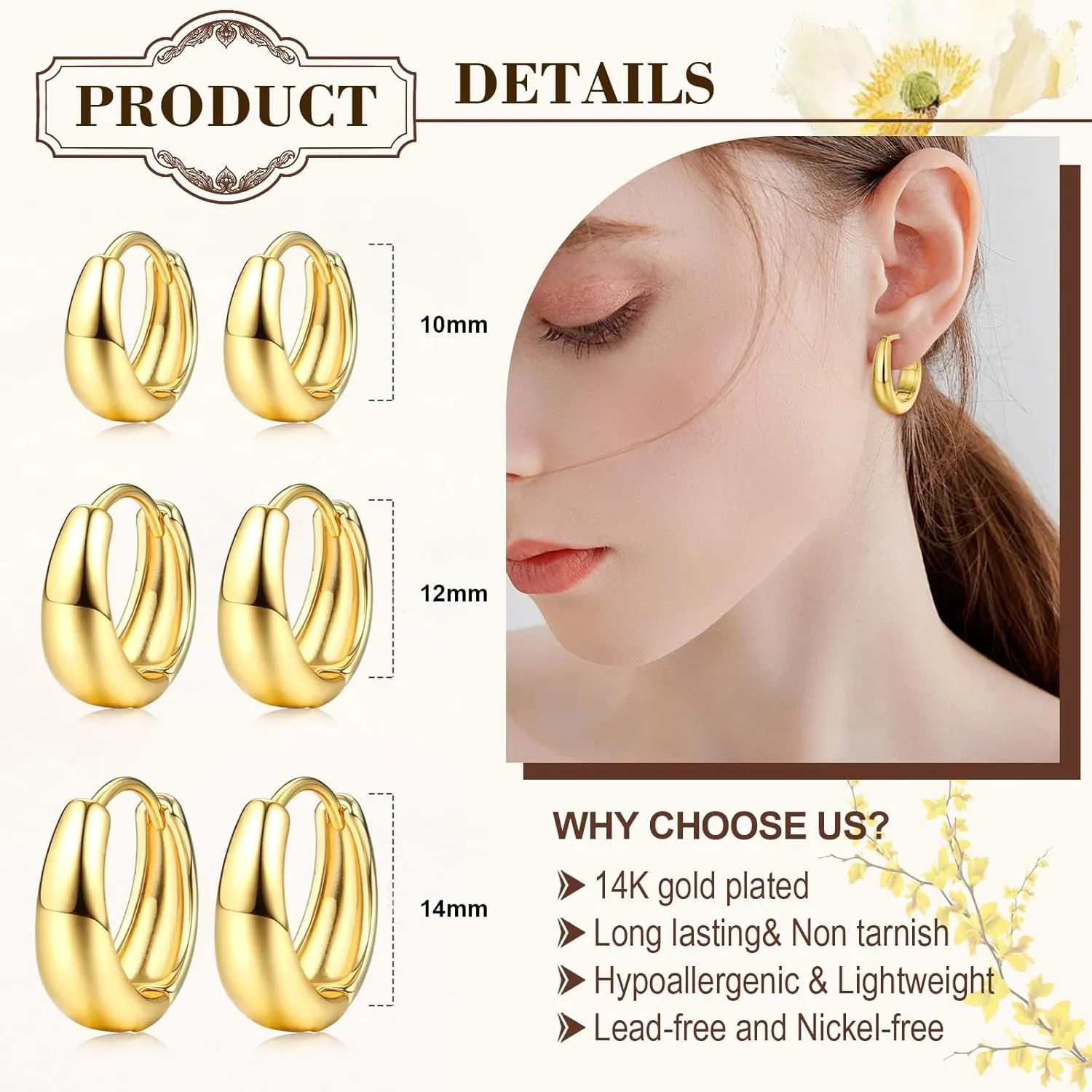 3Pairs Gold Hoop Earrings for Women Trendy Chunky Gold Earrings 14K Gold Filled Hypoallergenic Small Huggie Hoop Earring Set Tiny Gold Thick Hoop Earrings Stacks Gold Jewelry for Women