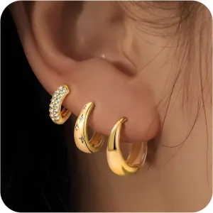 3Pairs Gold Hoops Earrings for Women 18k Gold Plated Lightweight Huggie Hoop Earrings Hypoallergenic Stacking Earrings for Multiple Piercing Gold Jewelry for Women