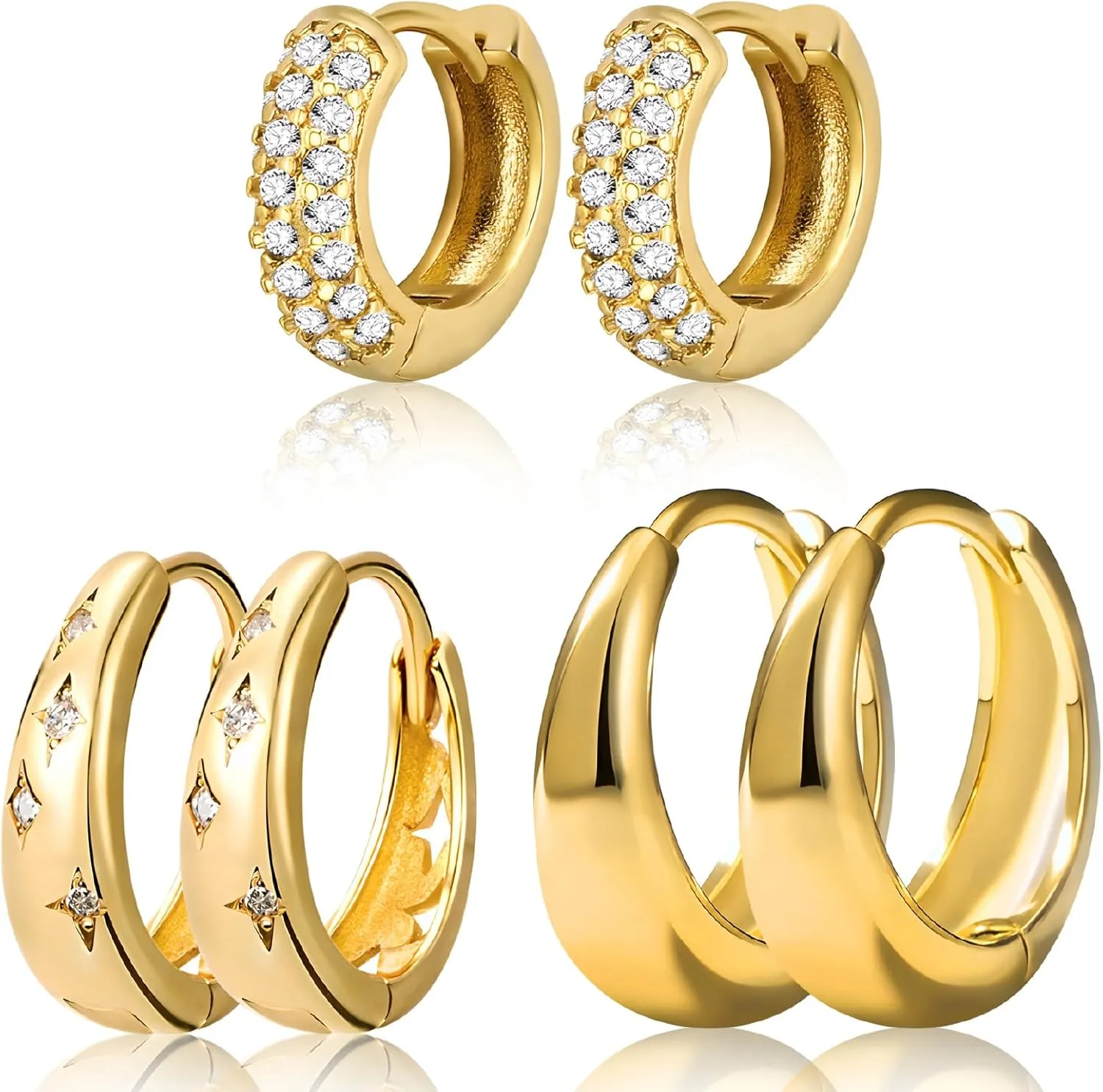 3Pairs Gold Hoops Earrings for Women 18k Gold Plated Lightweight Huggie Hoop Earrings Hypoallergenic Stacking Earrings for Multiple Piercing Gold Jewelry for Women