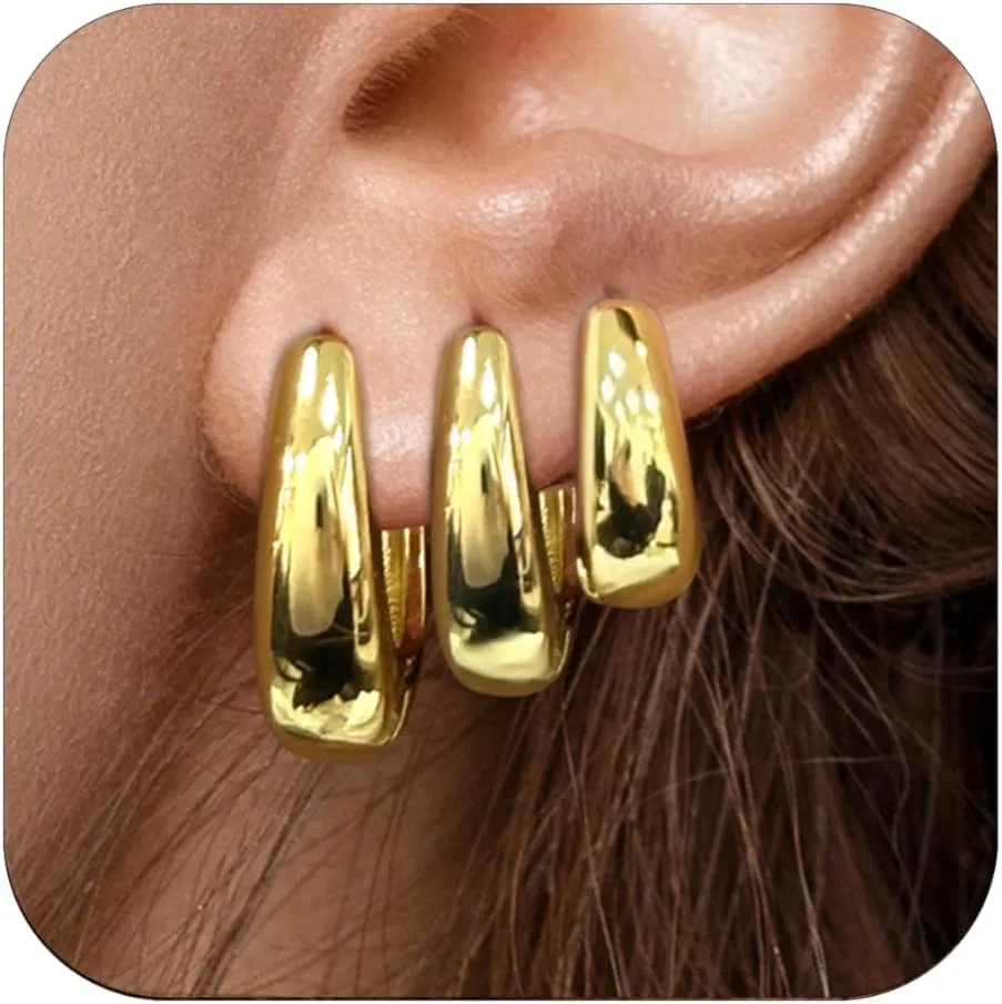 3Pairs Small Gold Huggie Hoop Earrings Set for Women, Hypoallergenic Lightweight 14K Gold Plated Chunky Hoops Jewelry for Gifts
