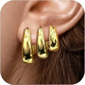 3Pairs Small Gold Huggie Hoop Earrings Set for Women, Hypoallergenic Lightweight 14K Gold Plated Chunky Hoops Jewelry for Gifts