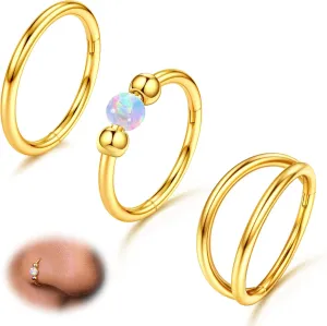 3pcs Nose Rings Hoops 316L Surgical Steel Double Hoop Nose Ring for Women 14K Gold Opal Nose Ring 18G/20G Hinged Nose Piercings Jewelry Septum Rings Cartilage Earring Helix Rook Tragus Daith 8mm