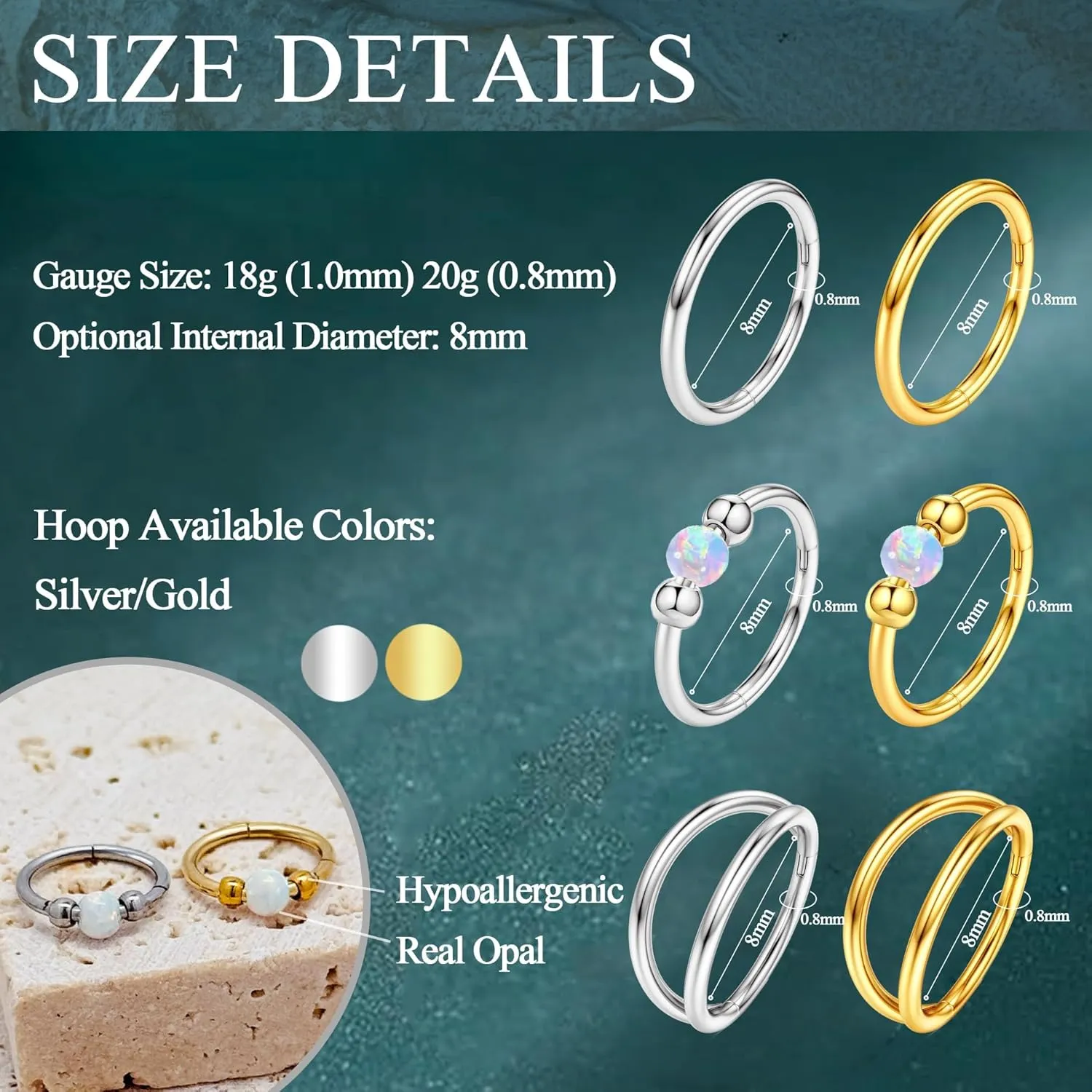 3pcs Nose Rings Hoops 316L Surgical Steel Double Hoop Nose Ring for Women 14K Gold Opal Nose Ring 18G/20G Hinged Nose Piercings Jewelry Septum Rings Cartilage Earring Helix Rook Tragus Daith 8mm